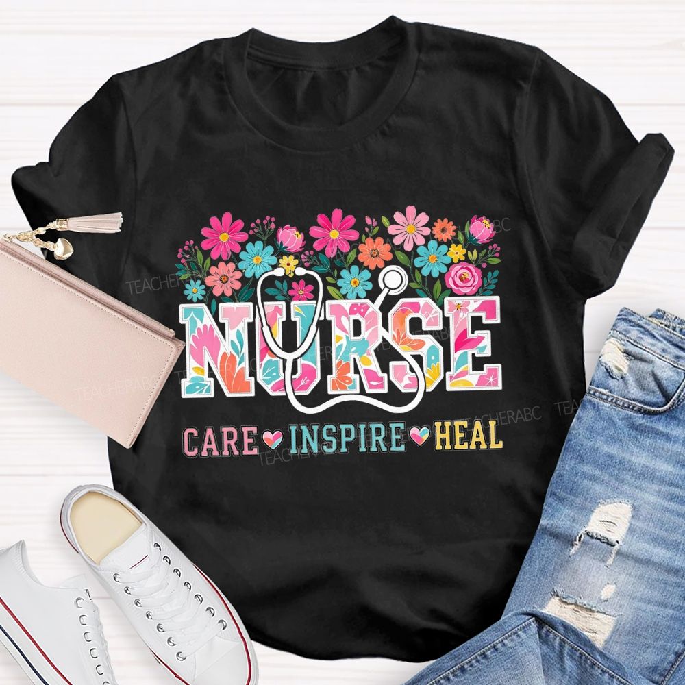 Nurse Care Inspire Heal Stethoscope Wildflower T-shirt