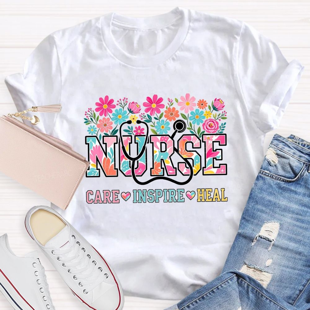 Nurse Care Inspire Heal Stethoscope Wildflower T-shirt