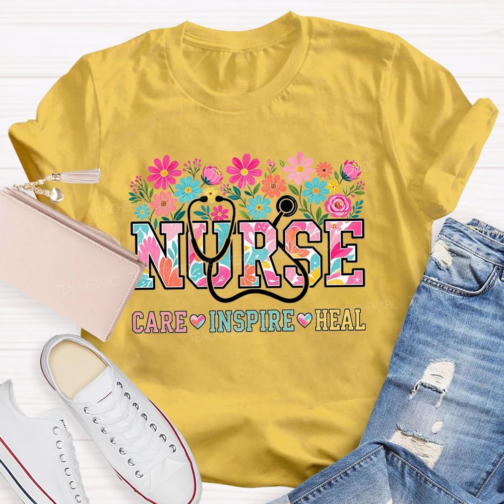 Nurse Care Inspire Heal Stethoscope Wildflower T-shirt