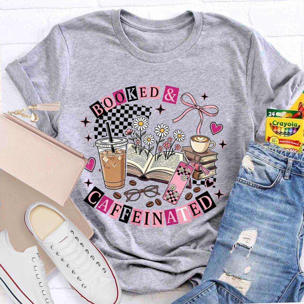 Booked And Caffeinated Book Lover Coffee Checkered Bow Teacher T-shirt