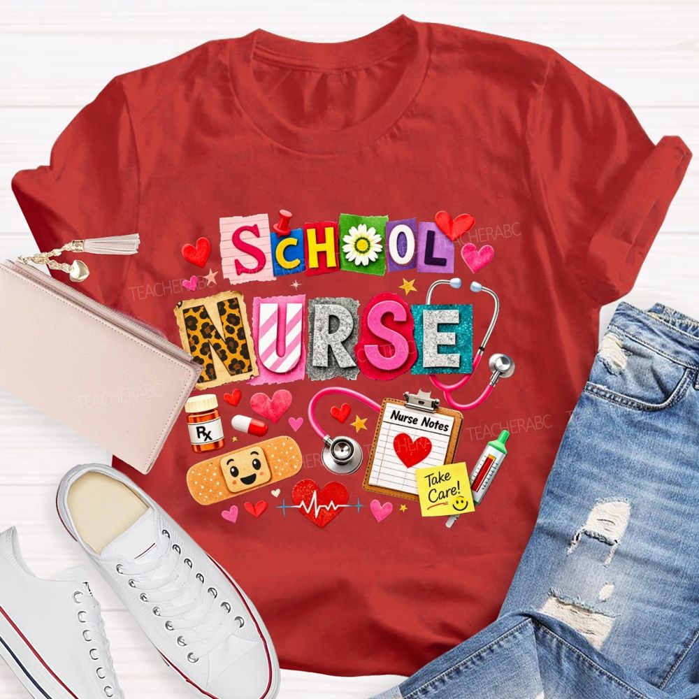 School Nurse Colorful Patchwork Stethoscope Bandage T-shirt
