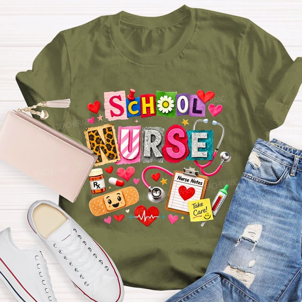 School Nurse Colorful Patchwork Stethoscope Bandage T-shirt