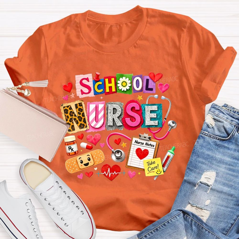 School Nurse Colorful Patchwork Stethoscope Bandage T-shirt