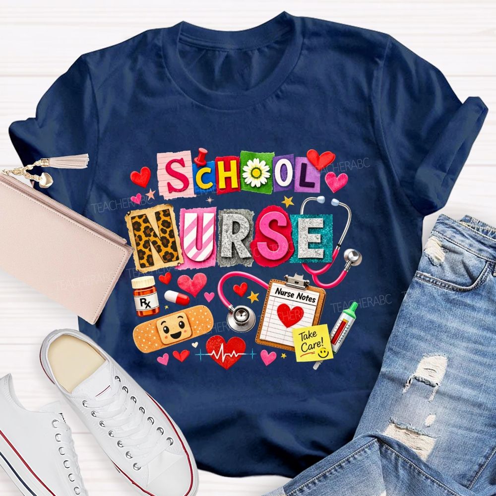 School Nurse Colorful Patchwork Stethoscope Bandage T-shirt