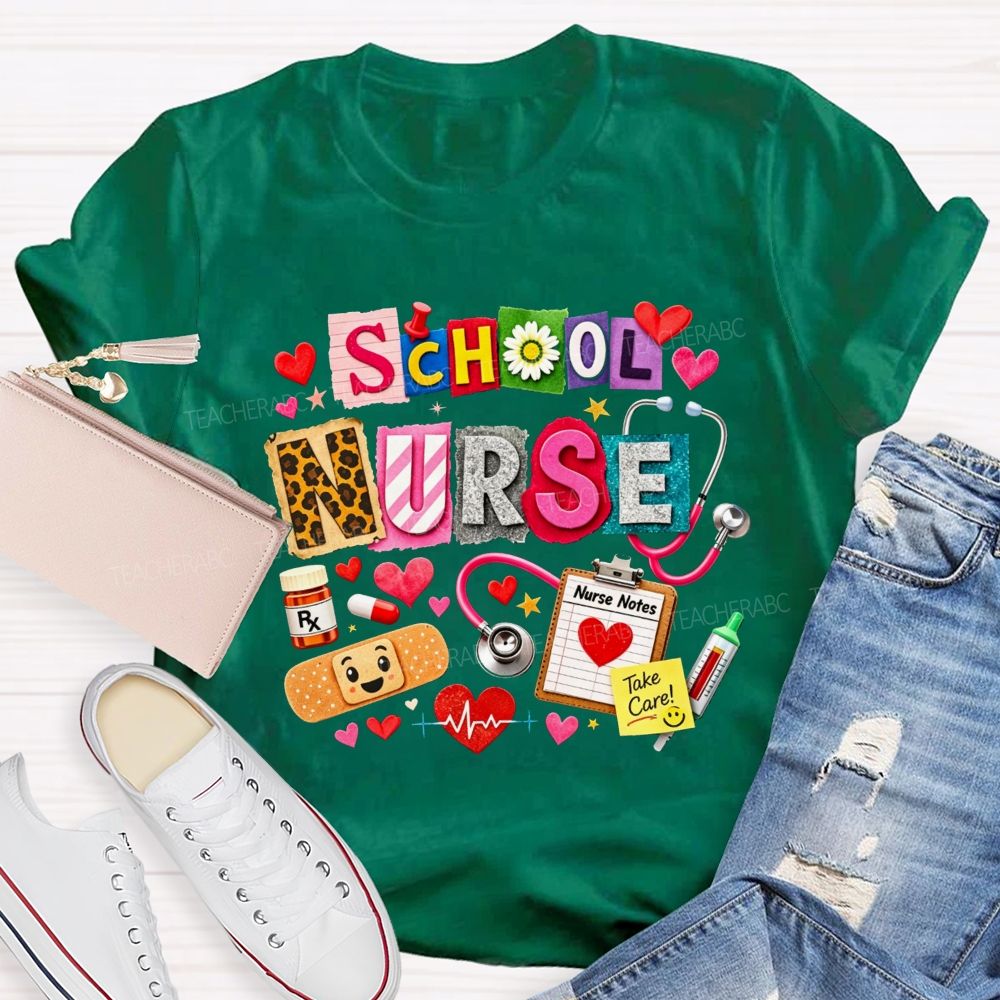 School Nurse Colorful Patchwork Stethoscope Bandage T-shirt