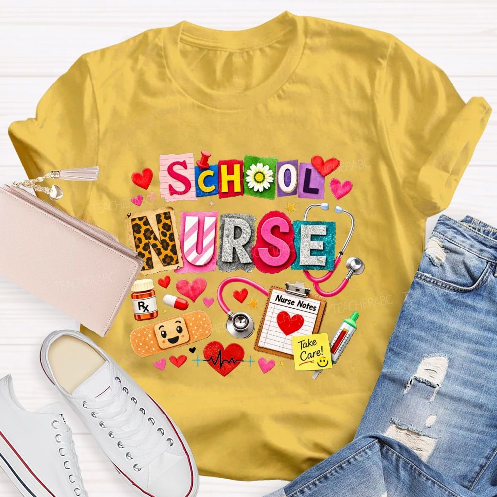 School Nurse Colorful Patchwork Stethoscope Bandage T-shirt