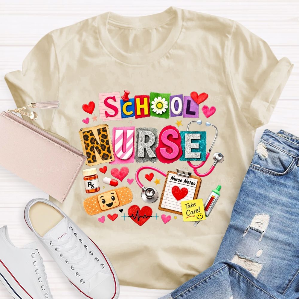School Nurse Colorful Patchwork Stethoscope Bandage T-shirt