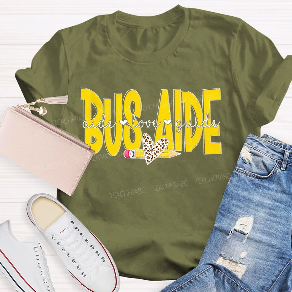 Bus Aide Aide Love Guide Leopard Heart Pencil T-shirt