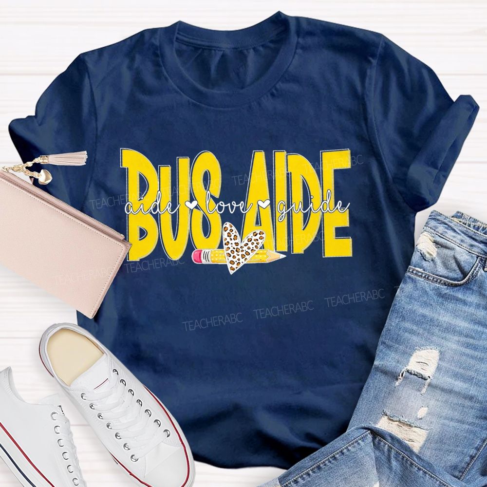 Bus Aide Aide Love Guide Leopard Heart Pencil T-shirt