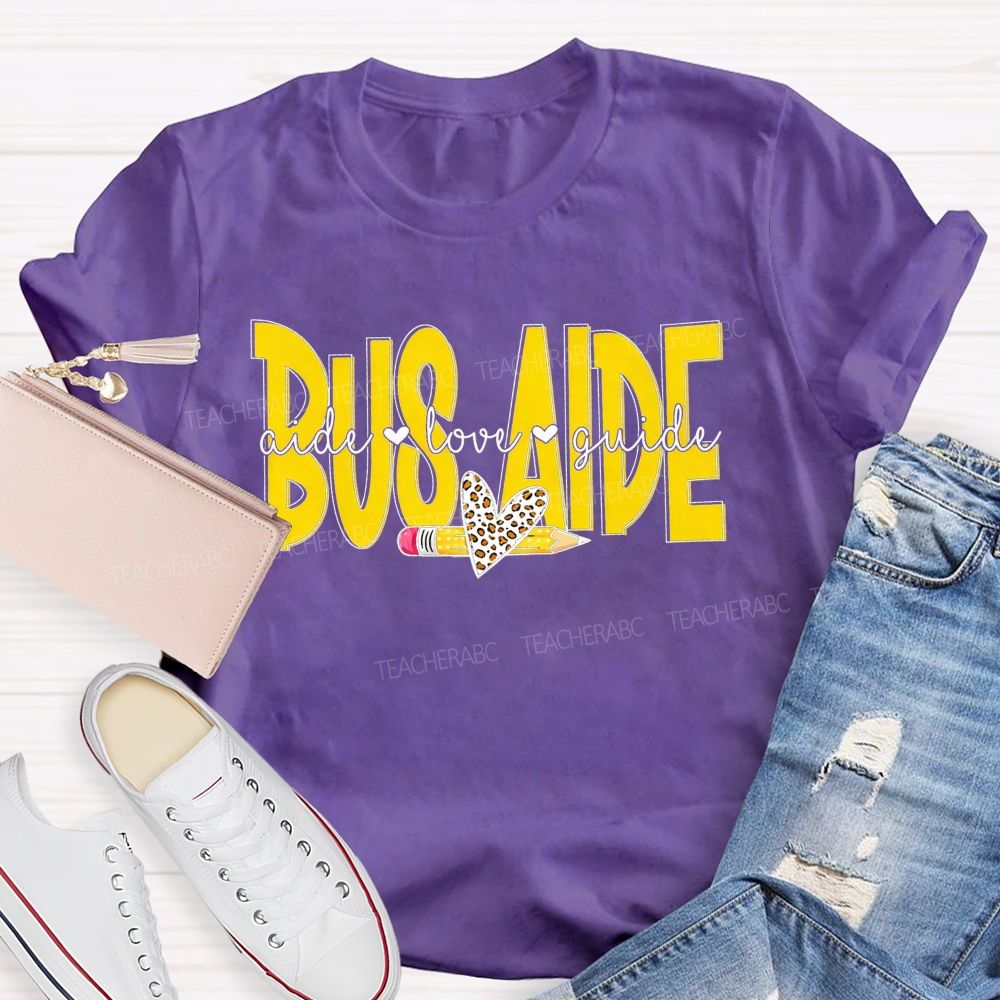 Bus Aide Aide Love Guide Leopard Heart Pencil T-shirt