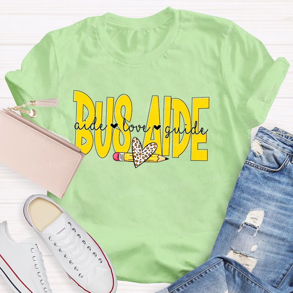 Bus Aide Aide Love Guide Leopard Heart Pencil T-shirt