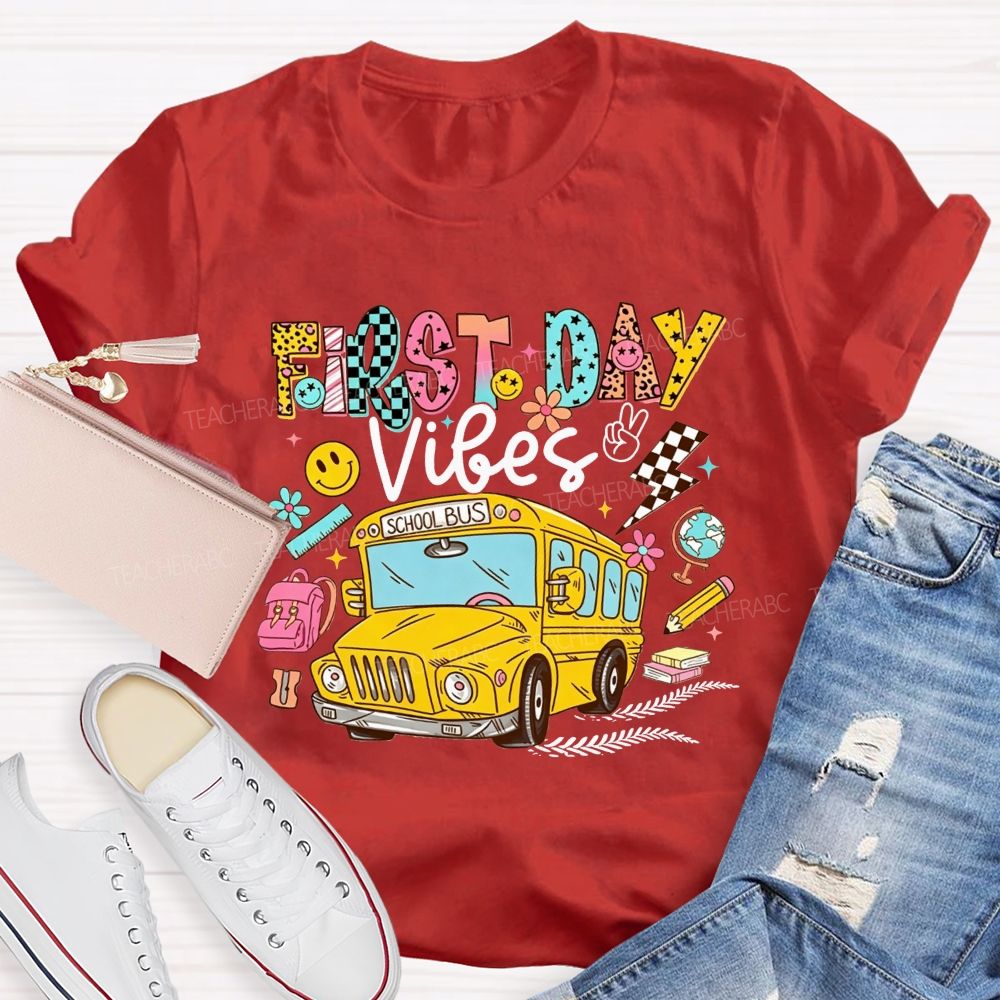 First Day Vibes Groovy School Bus Back To School Leopard T-shirt