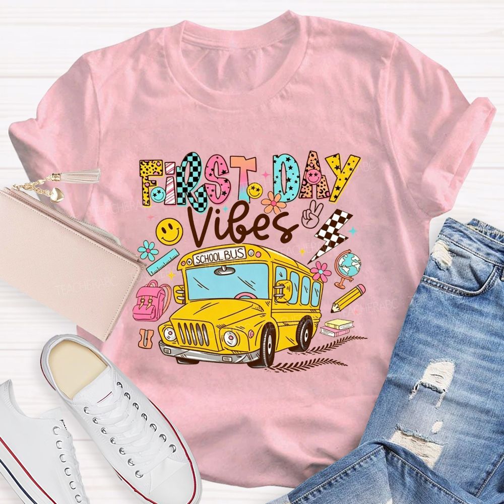 First Day Vibes Groovy School Bus Back To School Leopard T-shirt