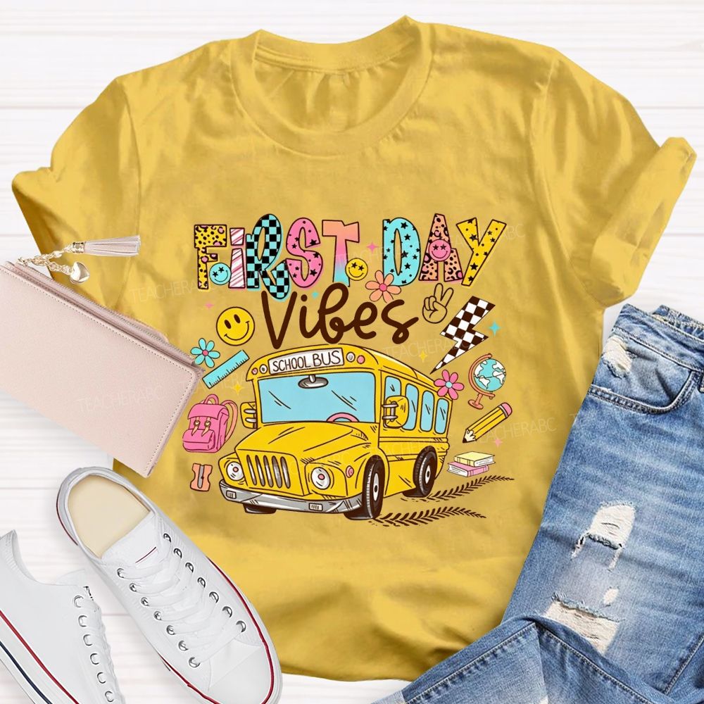 First Day Vibes Groovy School Bus Back To School Leopard T-shirt
