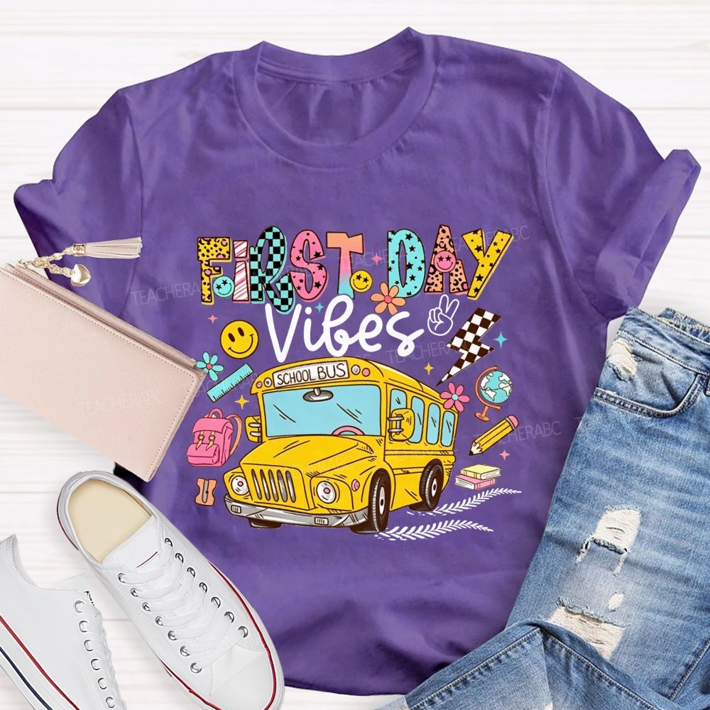 First Day Vibes Groovy School Bus Back To School Leopard T-shirt