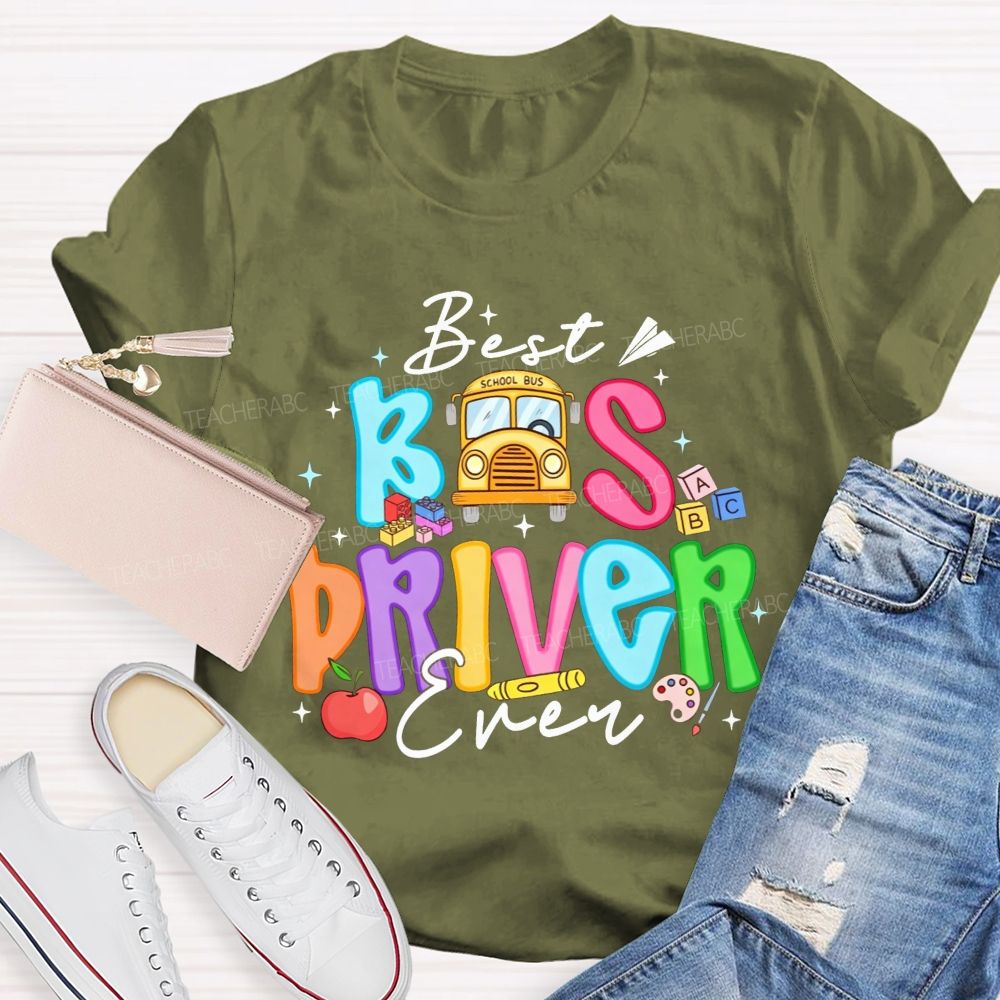 Best Bus Driver Ever Colorful Bubble Letter School Bus Apple T-shirt