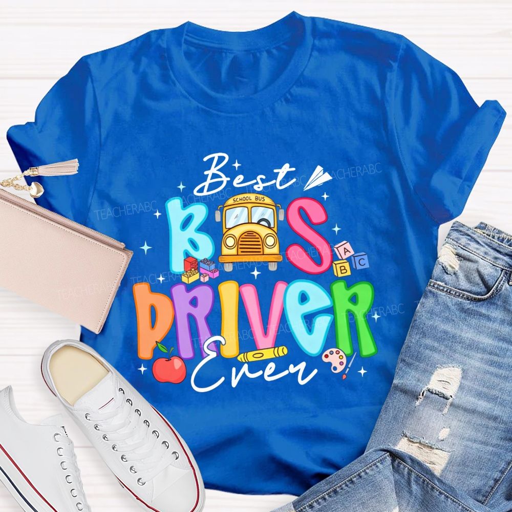 Best Bus Driver Ever Colorful Bubble Letter School Bus Apple T-shirt