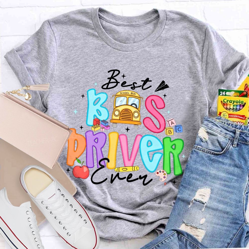 Best Bus Driver Ever Colorful Bubble Letter School Bus Apple T-shirt
