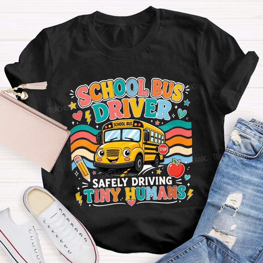 School Bus Driver Safely Driving Tiny Humans Cartoon School Bus Rainbow Wave T-shirt