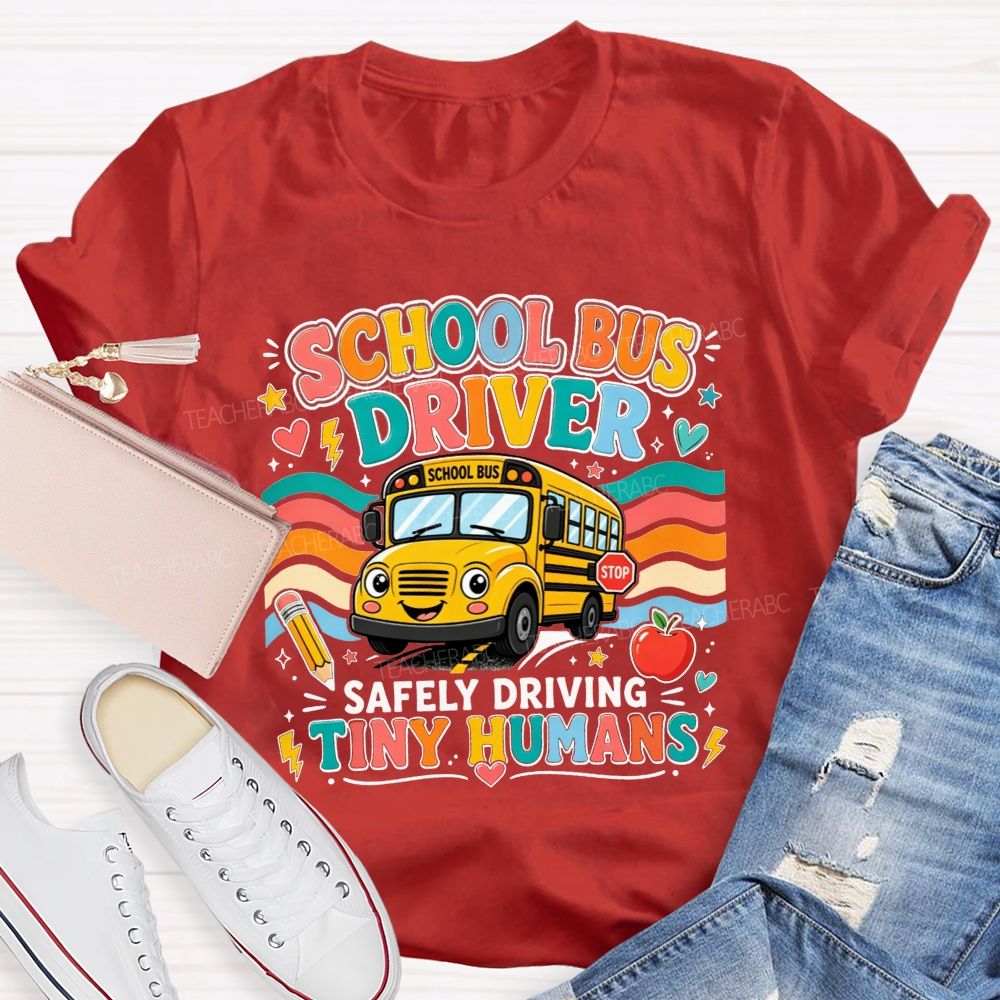 School Bus Driver Safely Driving Tiny Humans Cartoon School Bus Rainbow Wave T-shirt