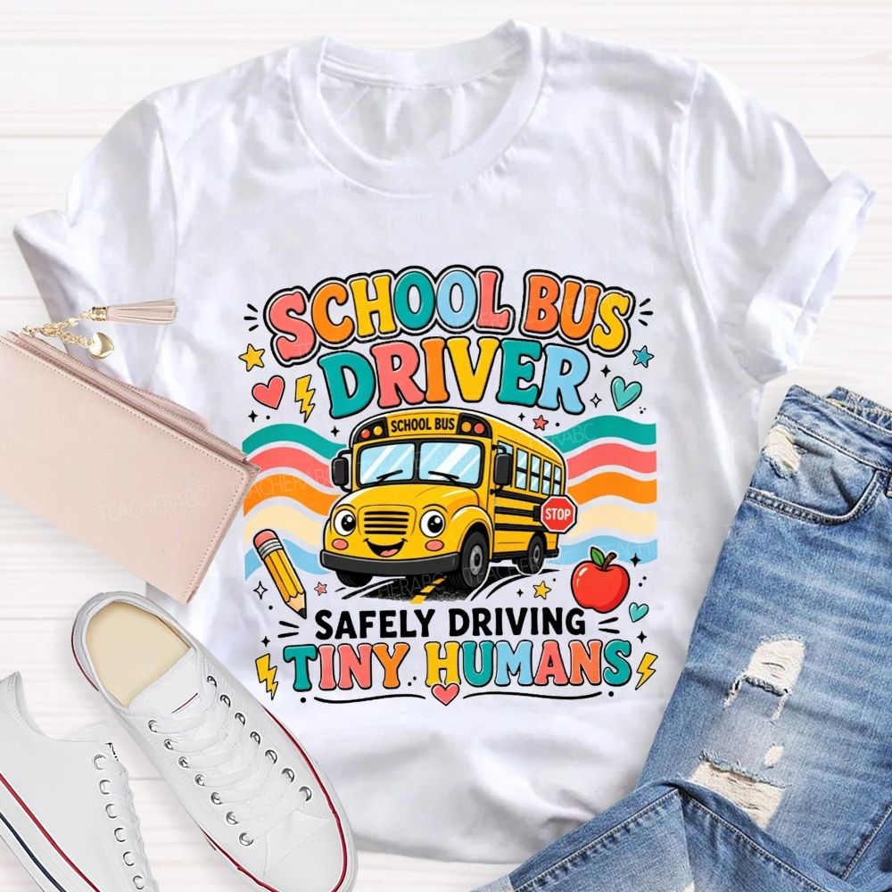 School Bus Driver Safely Driving Tiny Humans Cartoon School Bus Rainbow Wave T-shirt