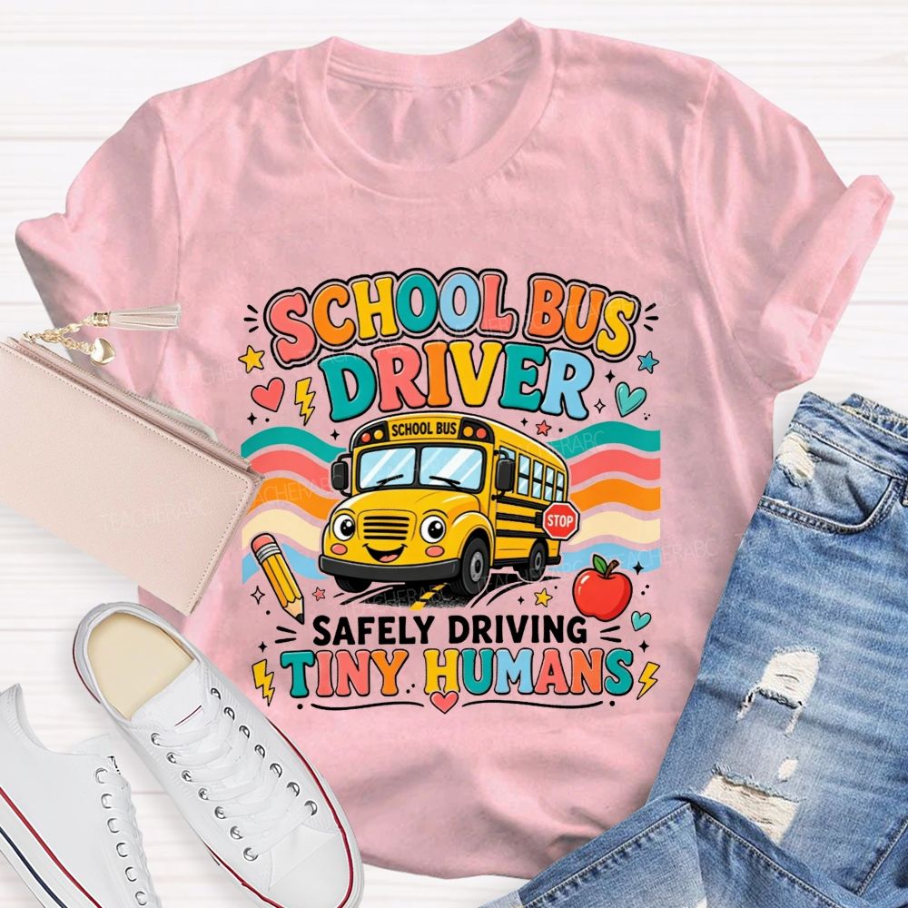 School Bus Driver Safely Driving Tiny Humans Cartoon School Bus Rainbow Wave T-shirt