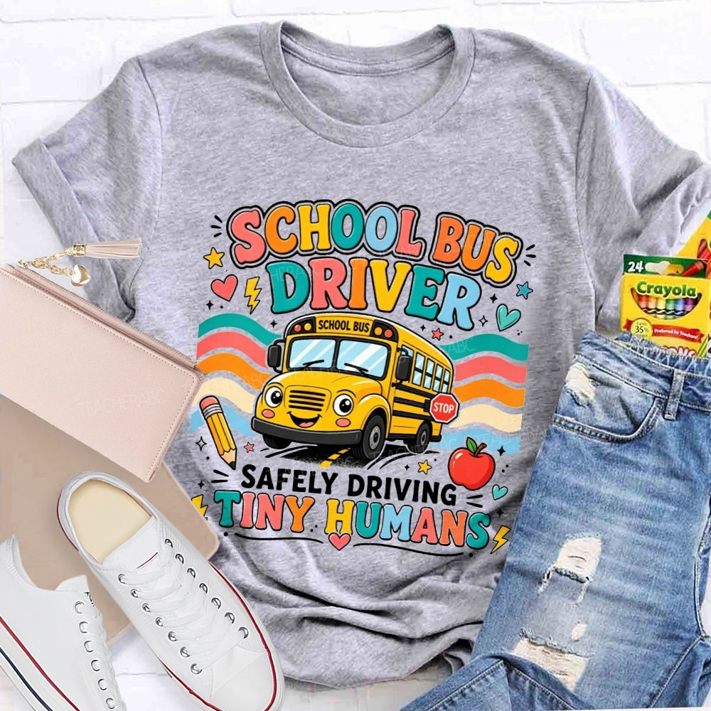 School Bus Driver Safely Driving Tiny Humans Cartoon School Bus Rainbow Wave T-shirt