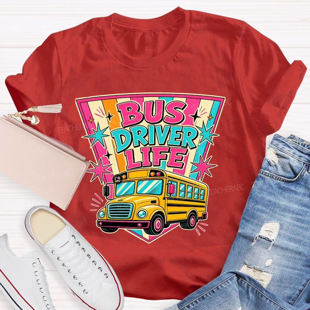 Bus Driver Life Retro Pink Orange Striped Shield School Bus T-shirt