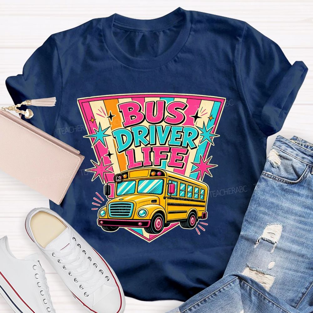 Bus Driver Life Retro Pink Orange Striped Shield School Bus T-shirt