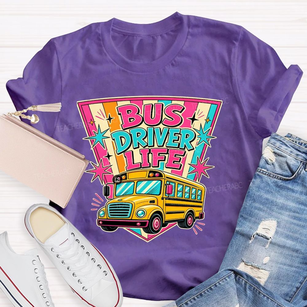 Bus Driver Life Retro Pink Orange Striped Shield School Bus T-shirt