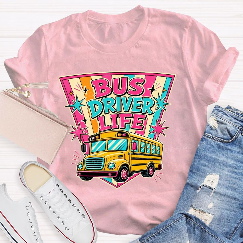 Bus Driver Life Retro Pink Orange Striped Shield School Bus T-shirt