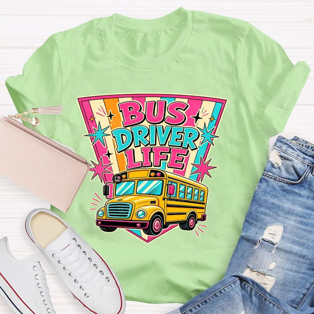 Bus Driver Life Retro Pink Orange Striped Shield School Bus T-shirt