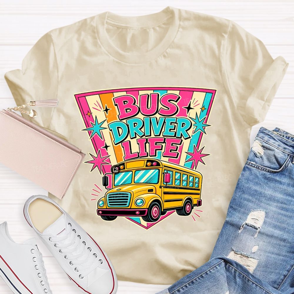 Bus Driver Life Retro Pink Orange Striped Shield School Bus T-shirt