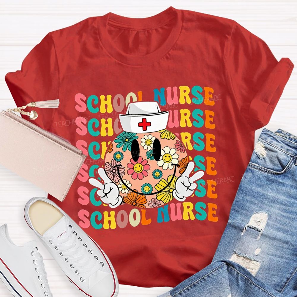 School Nurse Floral Smiley Face Peace Sign Nurse Cap Colorful T-shirt