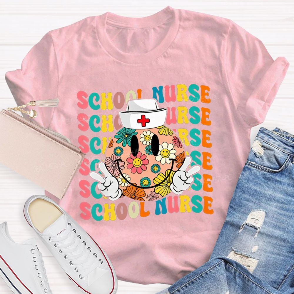 School Nurse Floral Smiley Face Peace Sign Nurse Cap Colorful T-shirt