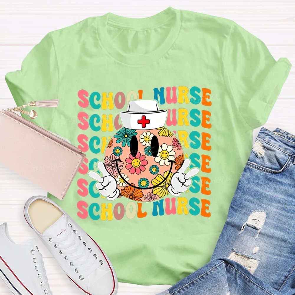 School Nurse Floral Smiley Face Peace Sign Nurse Cap Colorful T-shirt