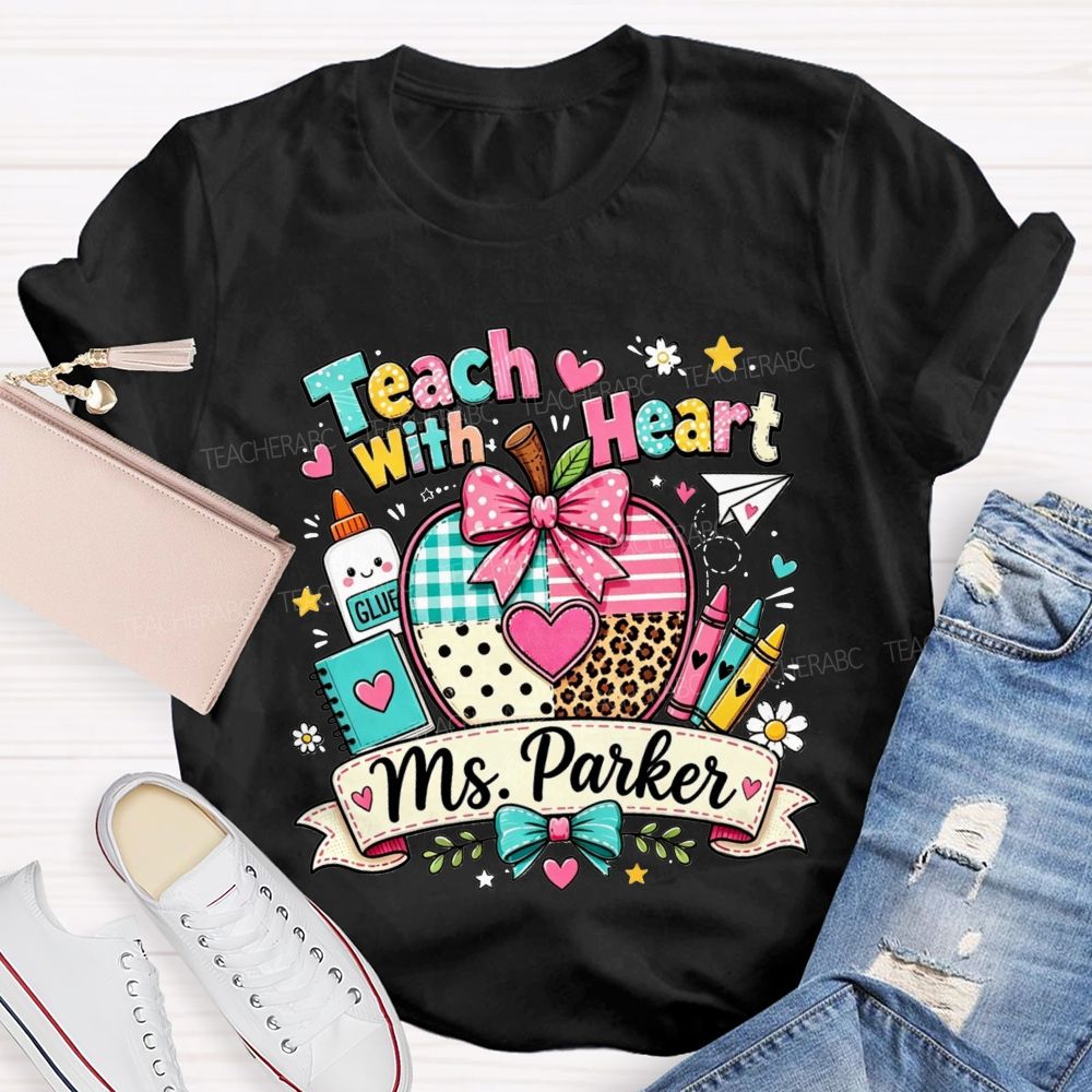 Personalized Name Teach With Heart Teacher Heart Leopard Gingham Apple T-shirt