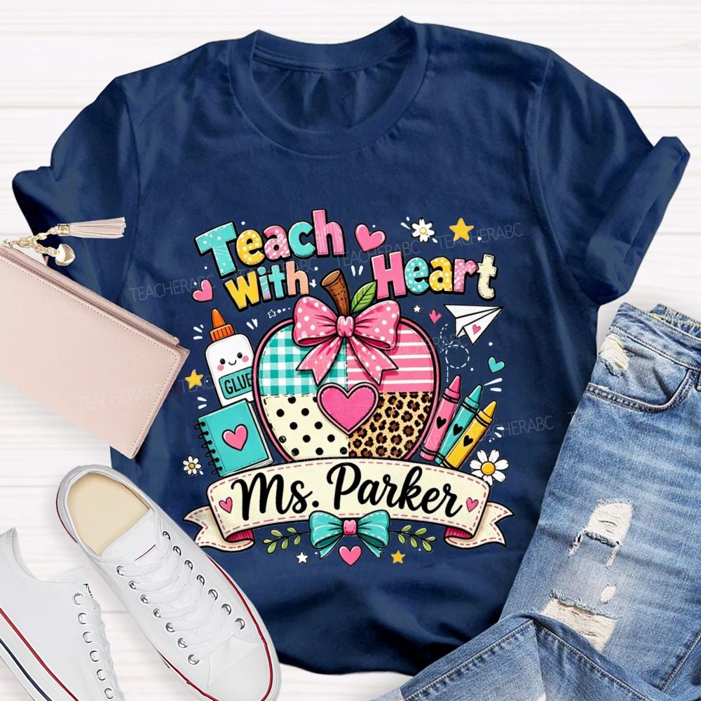 Personalized Name Teach With Heart Teacher Heart Leopard Gingham Apple T-shirt