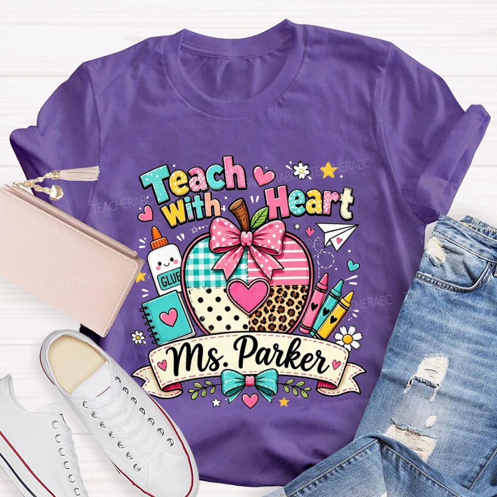 Personalized Name Teach With Heart Teacher Heart Leopard Gingham Apple T-shirt