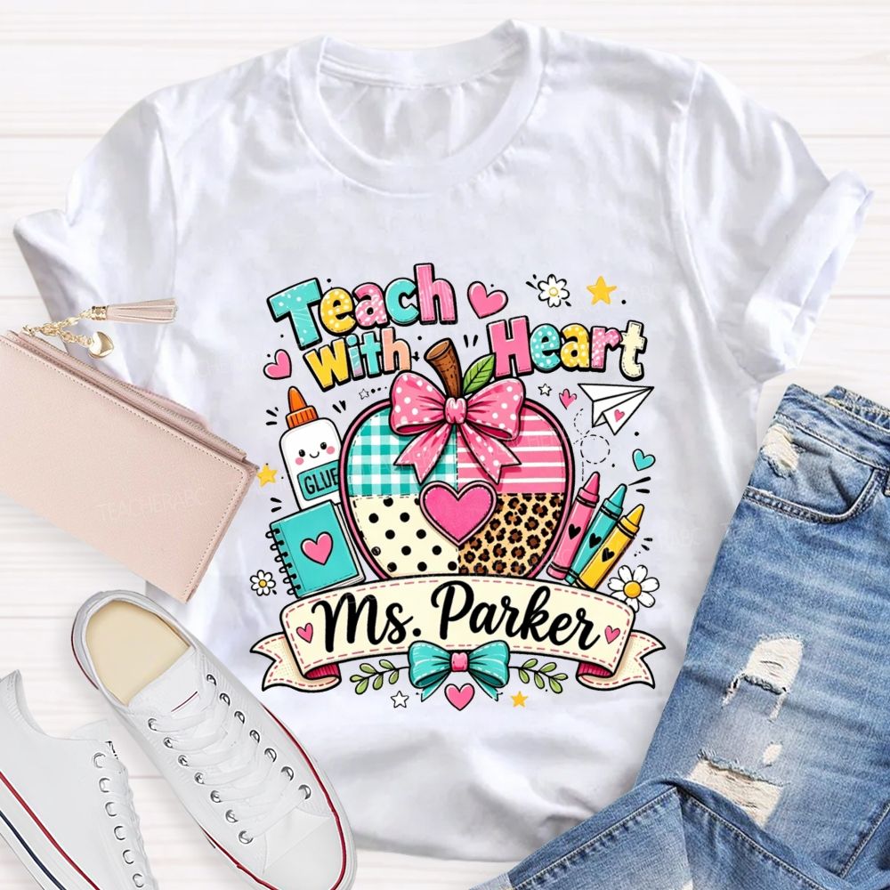 Personalized Name Teach With Heart Teacher Heart Leopard Gingham Apple T-shirt