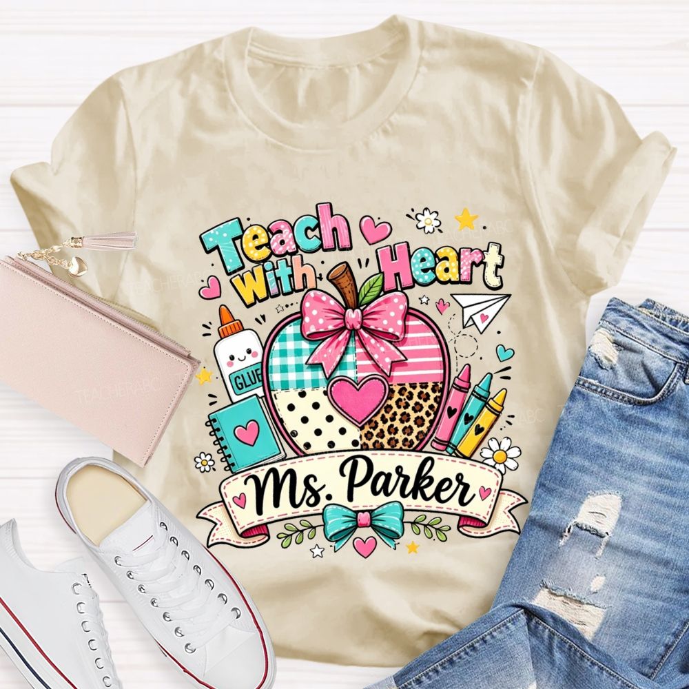 Personalized Name Teach With Heart Teacher Heart Leopard Gingham Apple T-shirt
