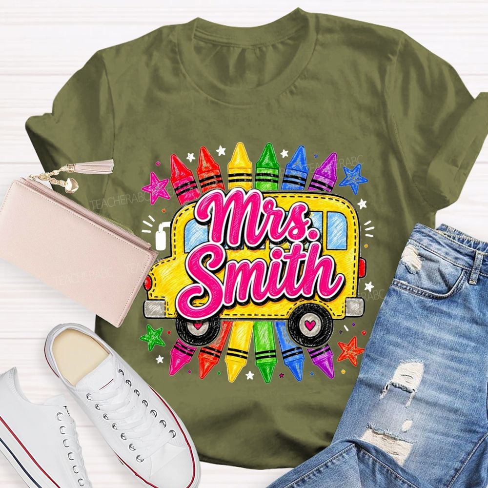 Personalized Name Teacher And School Bus Colorful Crayon Star Teacher T-shirt