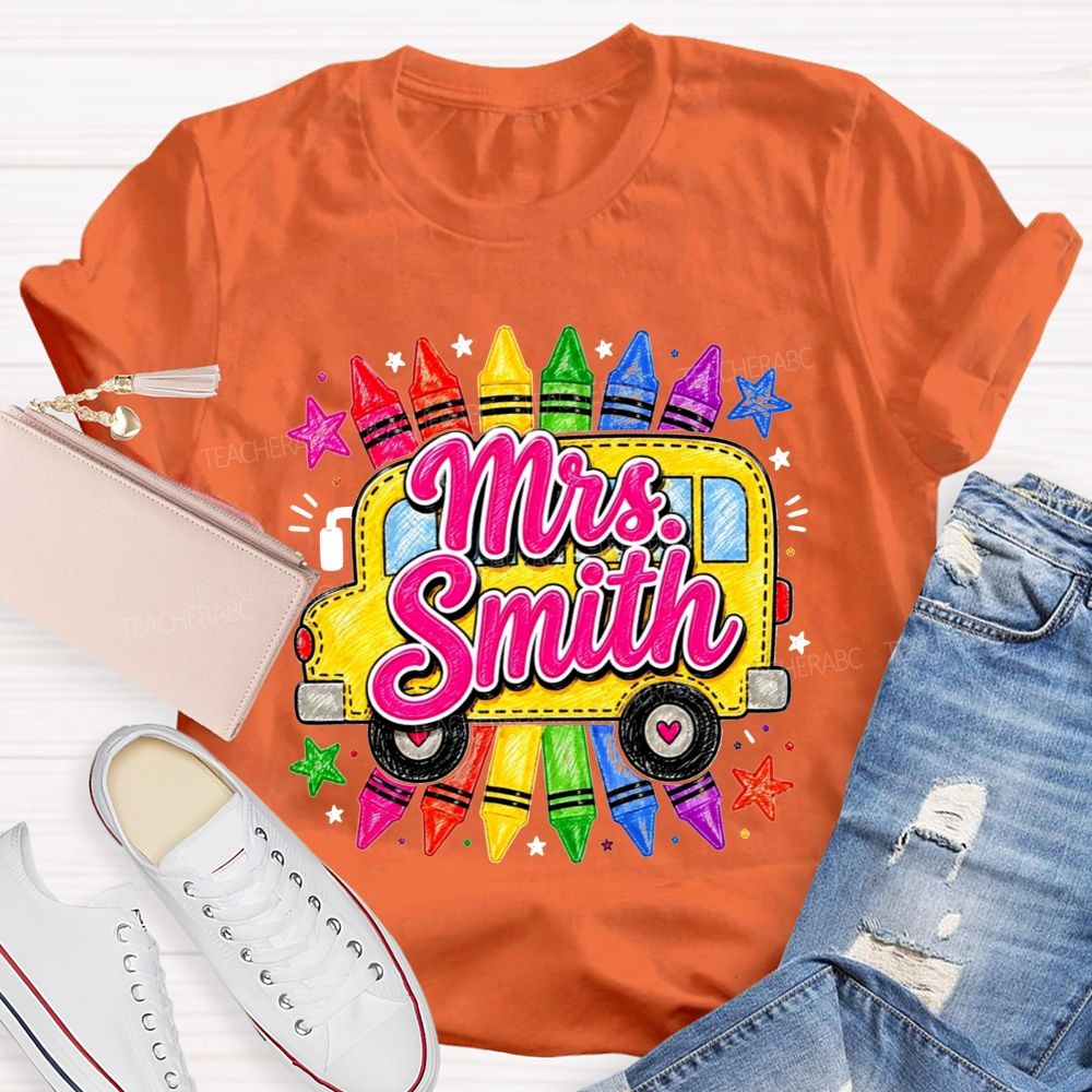 Personalized Name Teacher And School Bus Colorful Crayon Star Teacher T-shirt