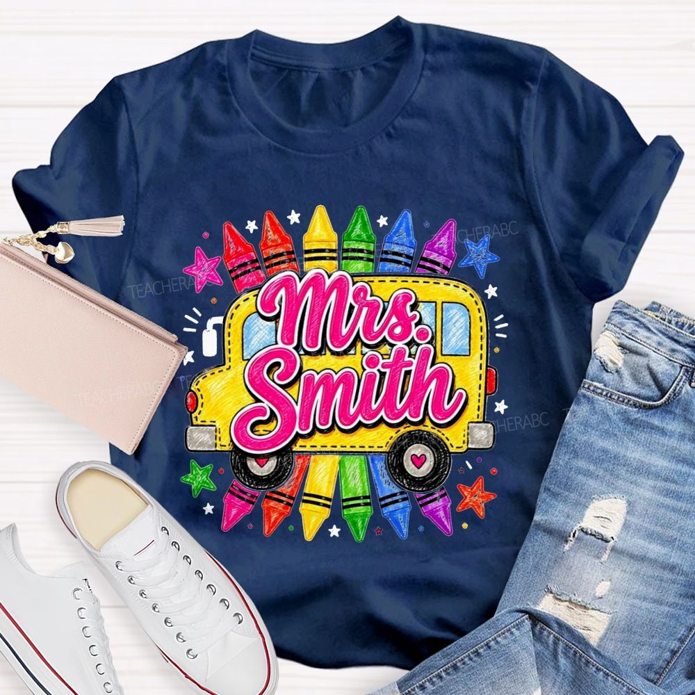 Personalized Name Teacher And School Bus Colorful Crayon Star Teacher T-shirt