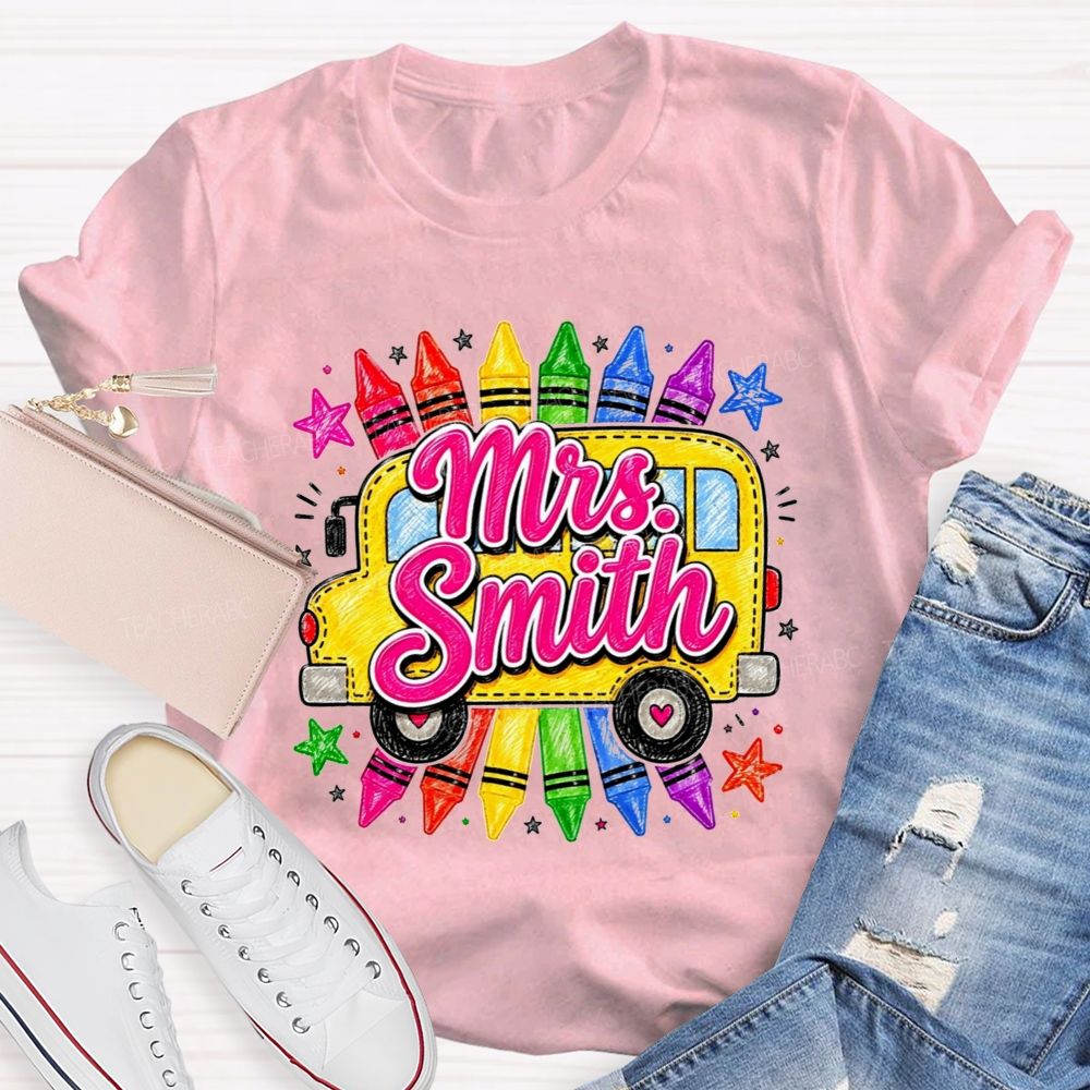 Personalized Name Teacher And School Bus Colorful Crayon Star Teacher T-shirt