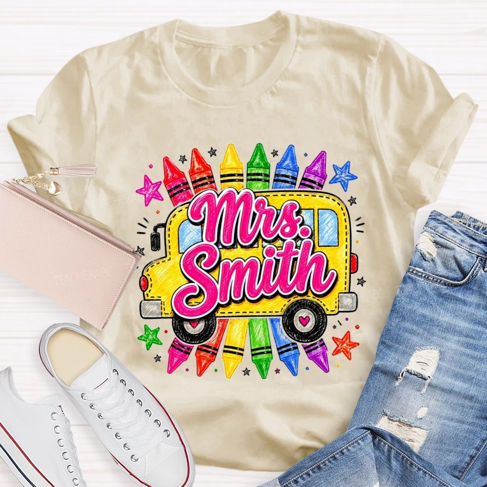 Personalized Name Teacher And School Bus Colorful Crayon Star Teacher T-shirt