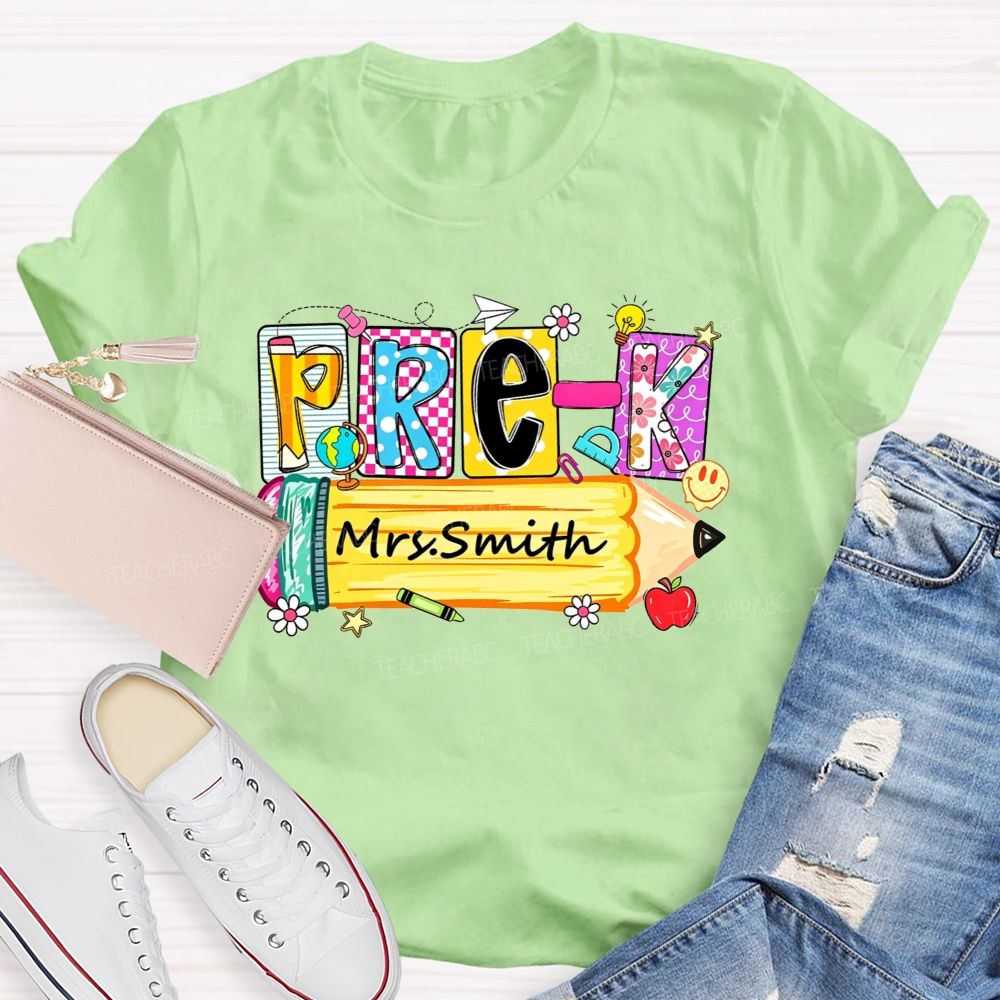 Personalized Name And Grade Colorful Patchwork Letter Pencil Teacher T-shirt