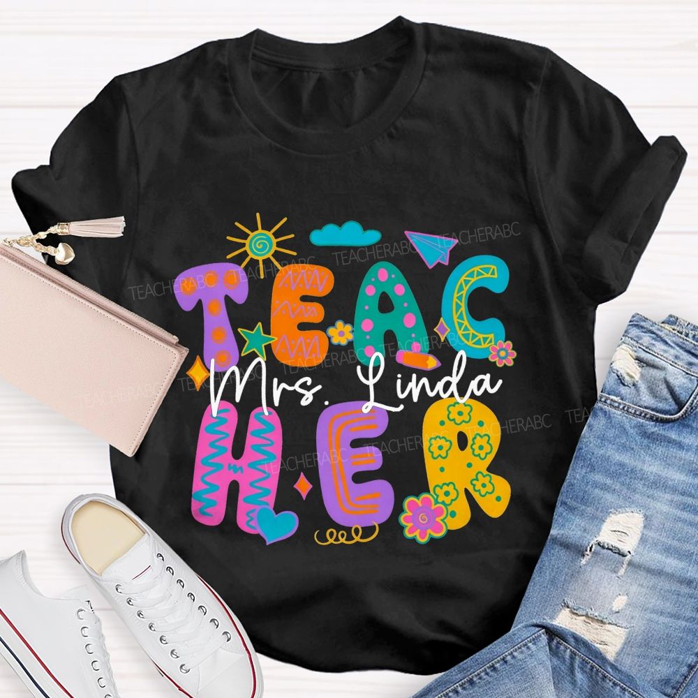 Personalized Name Teacher Doodle Colorful Bubble Letter Teacher T-shirt