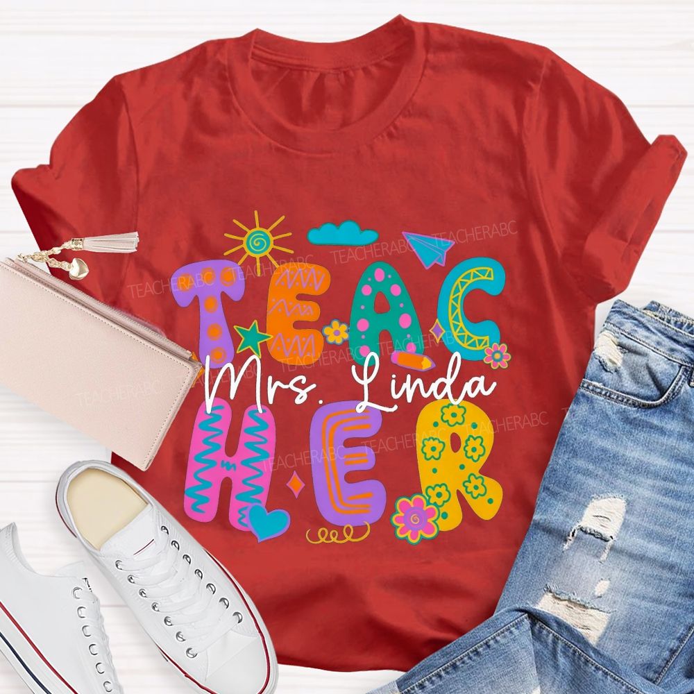 Personalized Name Teacher Doodle Colorful Bubble Letter Teacher T-shirt