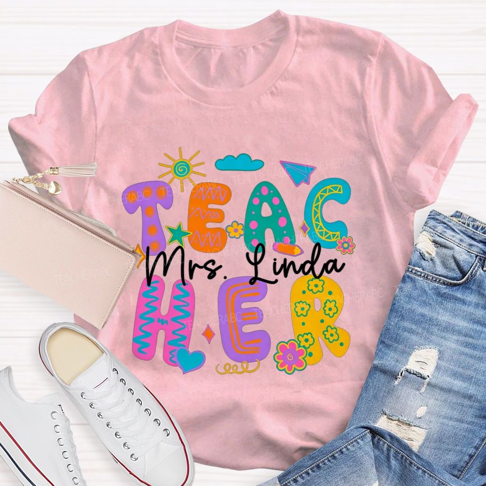 Personalized Name Teacher Doodle Colorful Bubble Letter Teacher T-shirt
